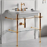 Раковина с металлической консолью и зеркалом Kerasan Waldorf 80х55 см напольная 1 отверстие золото 4141K1bi/cr / 9197K2 / 811391oro