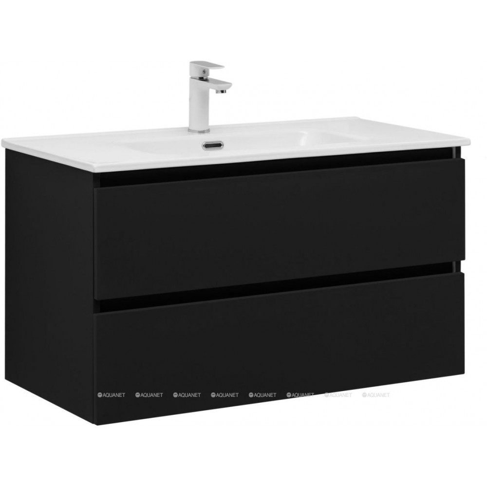 Тумба с раковиной Aquanet Вега 2.0 90 черная 2 ящика с раковиной Flat 00344763