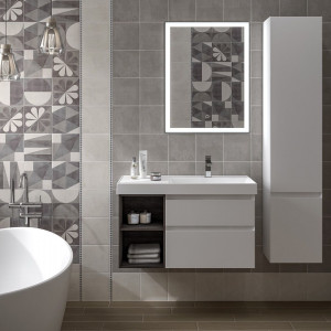Тумба под раковину Kerama Marazzi CUBO 90 правая подвесная белая глянцевая/древесная CU.90rh\WHT